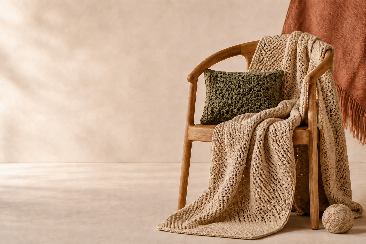 Hand-crocheted throw and cushion in a warm, natural studio