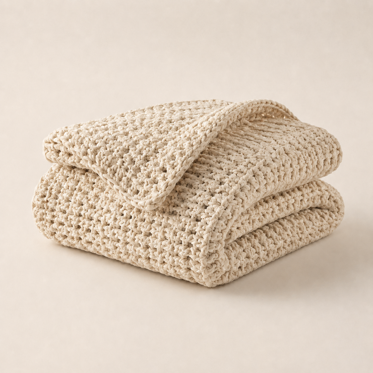 Oatmeal hand-crocheted throw blanket folded on a cream background