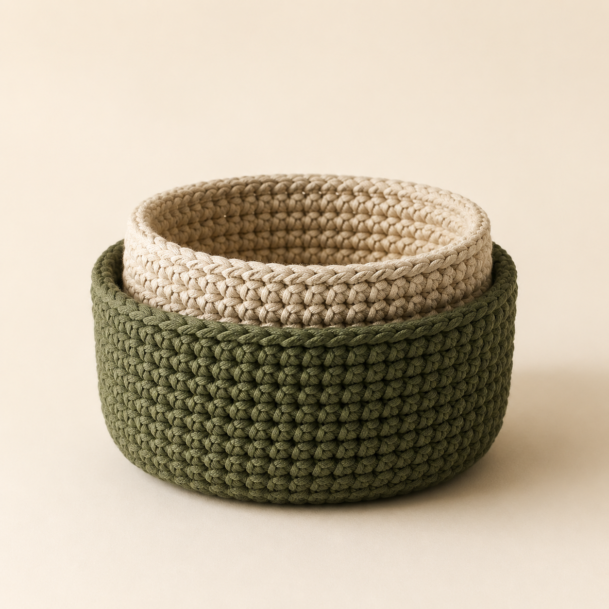 Moss green and natural hand-crocheted storage baskets
